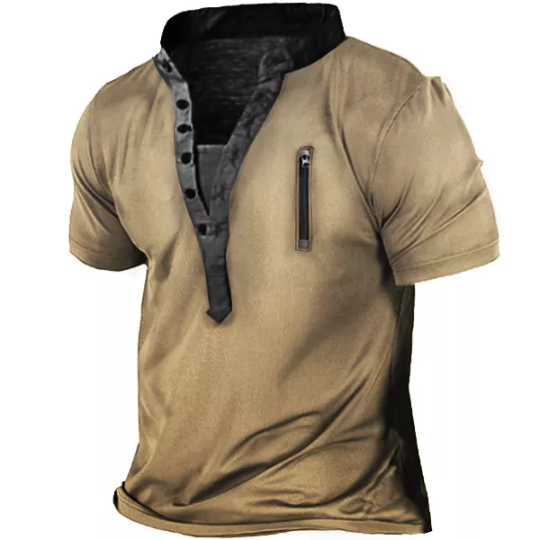 Men's Outdoor Zip Retro Print Tactical Heney Short Sleeve T-Shirt