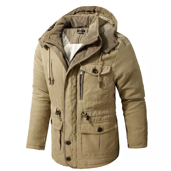 Men's Cashmere Hooded Thickened Multi Pocket Casual Coat Padded Jacket