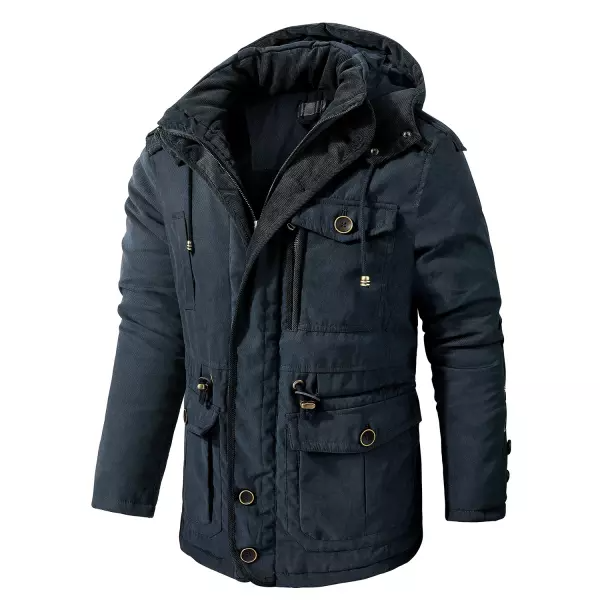 Men's Cashmere Hooded Thickened Multi Pocket Casual Coat Padded Jacket