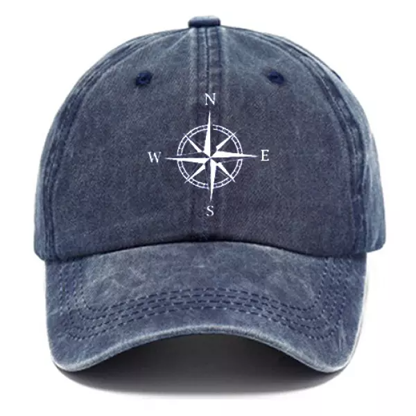 Men's Compass Print Washed Cotton Peaked Cap