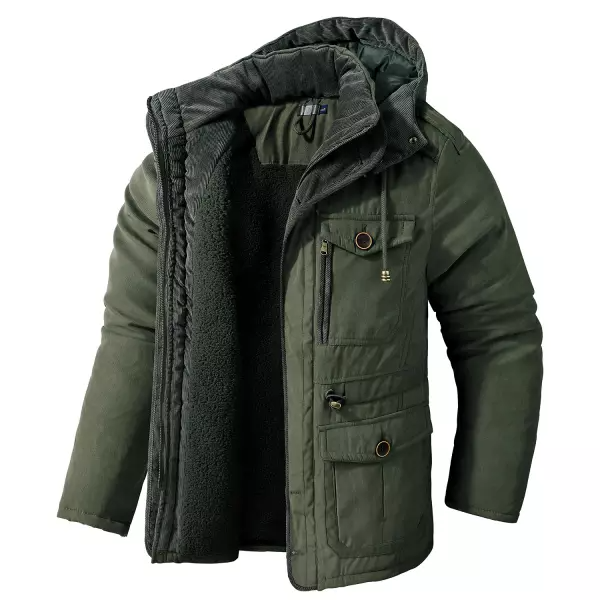 Men's Cashmere Hooded Thickened Multi Pocket Casual Coat Padded Jacket