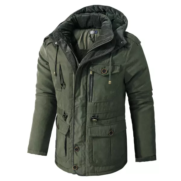 Men's Cashmere Hooded Thickened Multi Pocket Casual Coat Padded Jacket