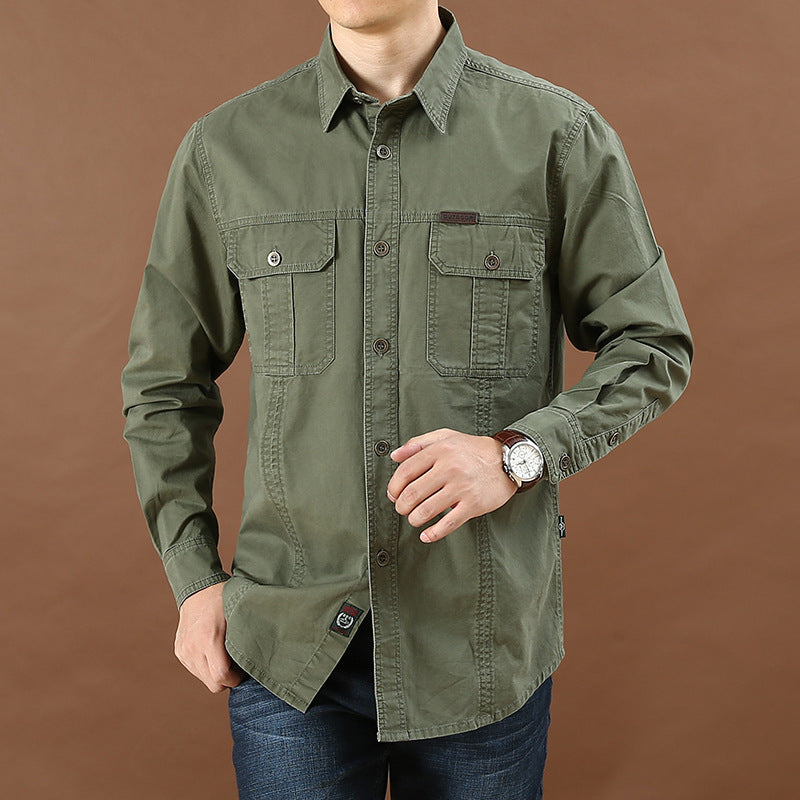 Pure Cotton Casual Shirt Men Oversize Loose Long Sleeve Cargo Shirts Men's Clothing High Quality Solid Tooling Shirt 5XL