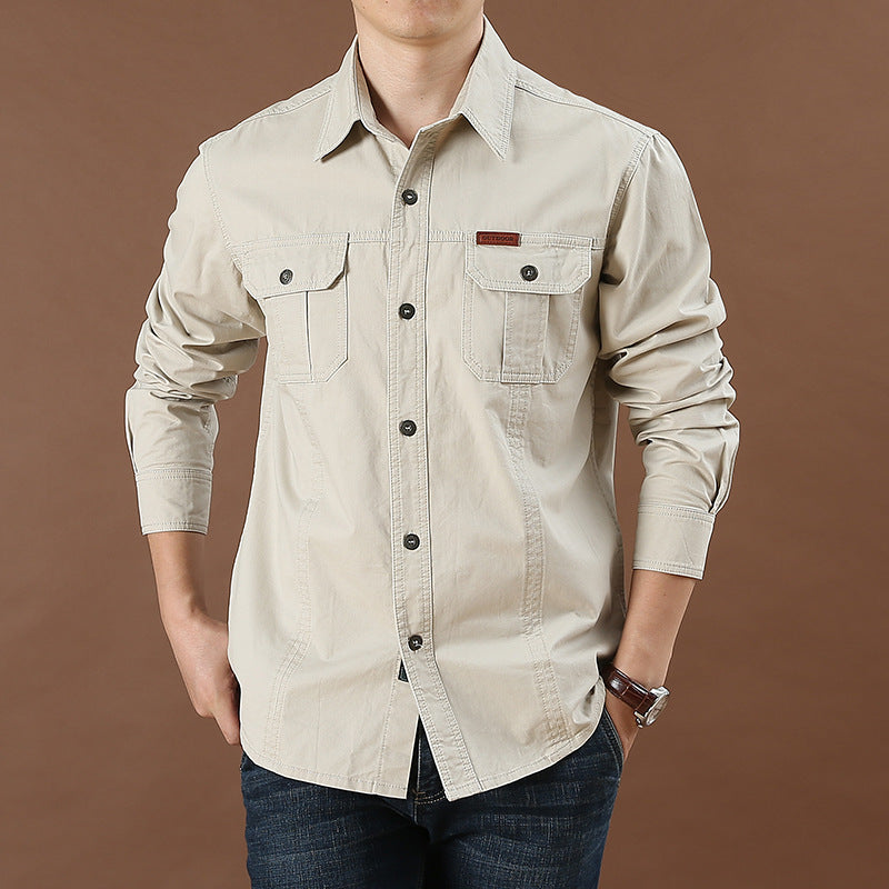 Pure Cotton Casual Shirt Men Oversize Loose Long Sleeve Cargo Shirts Men's Clothing High Quality Solid Tooling Shirt 5XL