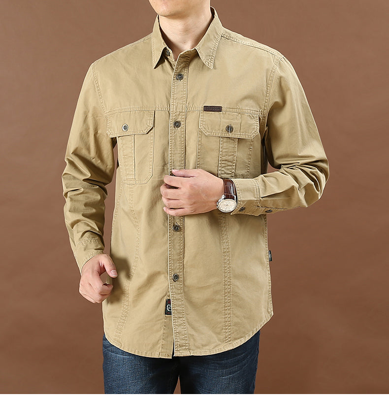 Pure Cotton Casual Shirt Men Oversize Loose Long Sleeve Cargo Shirts Men's Clothing High Quality Solid Tooling Shirt 5XL