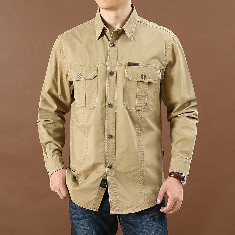 Pure Cotton Casual Shirt Men Oversize Loose Long Sleeve Cargo Shirts Men's Clothing High Quality Solid Tooling Shirt 5XL